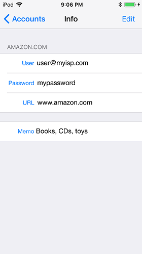 The account name, user, password, Internet URL, and a memo field for miscellaneous notes can be kept.