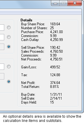 An optional expanded Details field shows all of the intermediate results and subtotals in the calculation.
